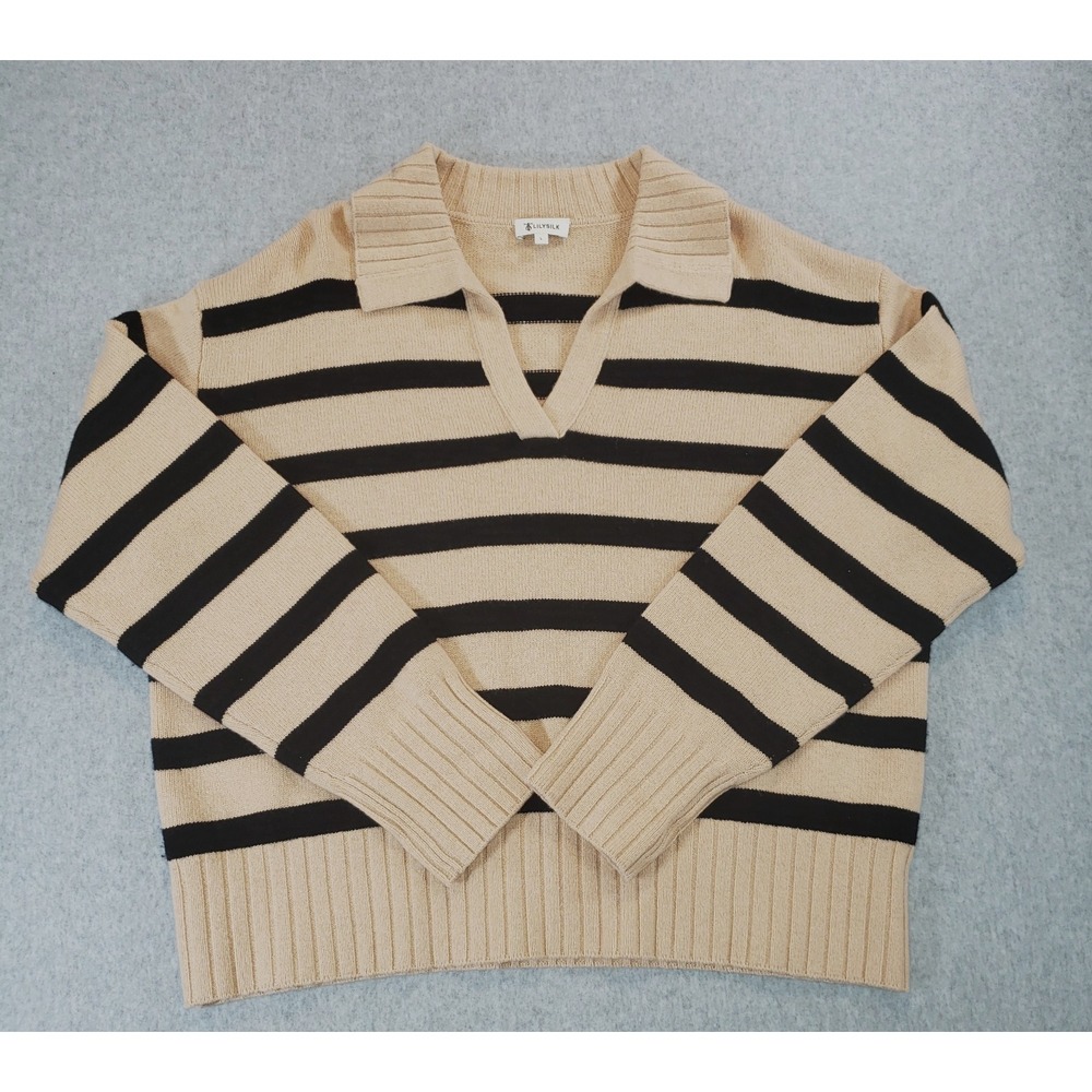 LILYSILK Gilly Stripe Sweater Womens Toffee & Black Size L Merino Wool V Neck